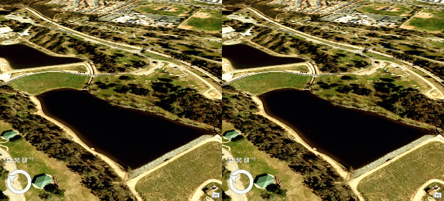 Zwei Bilder nebeneinander, die den Unterschied zwischen einem Szenario für Niederschlag im günstigsten und im schlechtesten Fall an einem Staudamm zeigen