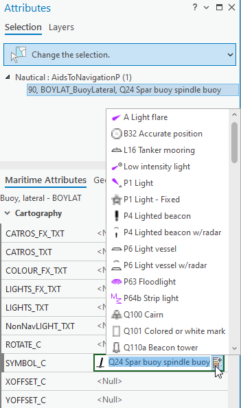 Selection list in the Symbol_C field of the Maritime Attributes pane