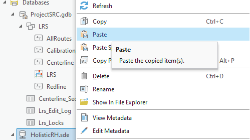 Einfügen des LRS-Feature-Dataset in die Ziel-Geodatabase