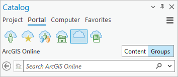 Registerkarte "Portal" im Bereich "Katalog" mit Auswahl von "ArcGIS Online" und "Gruppen"
