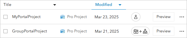 Elemente vom Typ "Pro Projekt" einer Liste des Portalinhalts