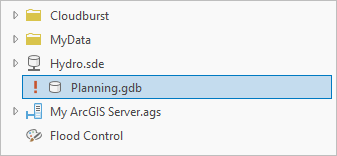 Eine File-Geodatabase mit einem fehlerhaften Pfad auf der Registerkarte "Favoriten" des Bereichs "Katalog".