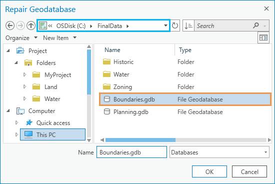 Dialogfeld "Geodatabase reparieren" mit ausgewählter Geodatabase "Boundaries"