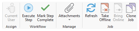 Registerkarte "Auftrag" mit den Schaltflächen "Schritt ausführen" und "Schritt als abgeschossen markieren" zur Ausführung eines Workflows