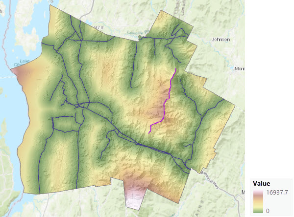 Karte der zur Umgehung der Bergrücken-Barriere angepassten geradlinigen Entfernung