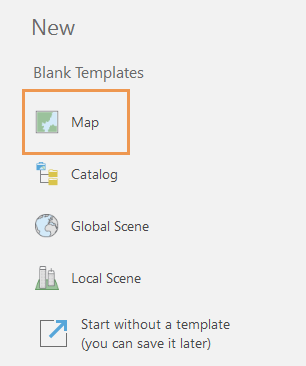 Start page with the Map template selected