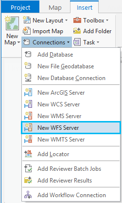 Add a WFS Server on the Insert tab in ArcGIS Pro