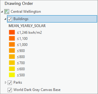 Contents pane with Buildings layer selected