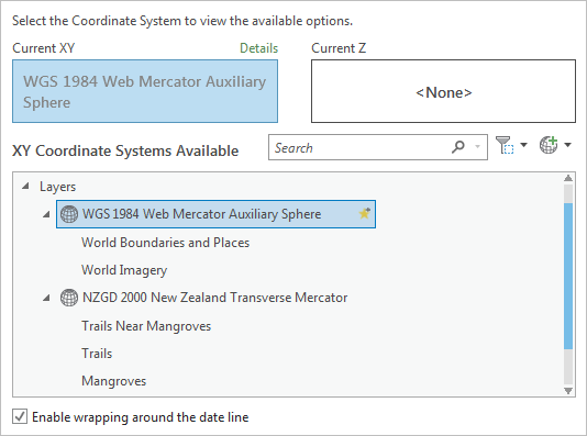 Map Properties dialog box with Web Mercator as the Current XY system