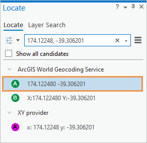Locate pane showing candidate locations for the coordinates