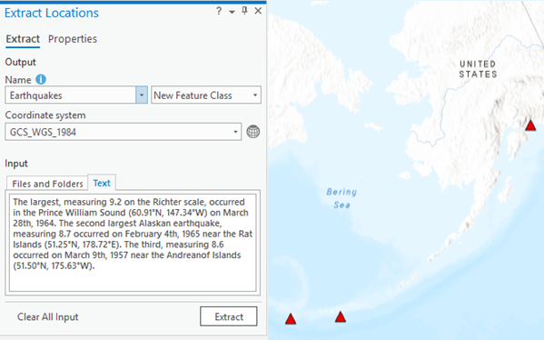 Example of Extract Locations showing an input paragraph about earthquakes and the resulting coordinates on a map.