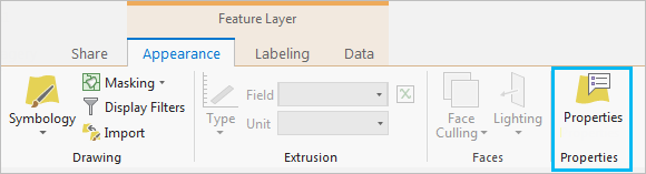 Appearance tab on the ribbon with the custom Properties group and Layer Properties button