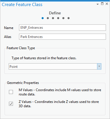 The Define page of the Create Feature Class pane