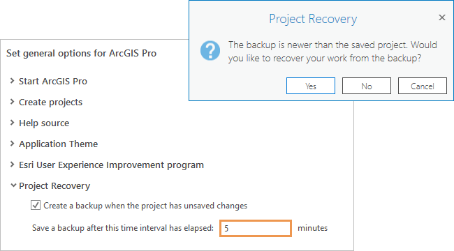 Project Recovery prompt and Options dialog box