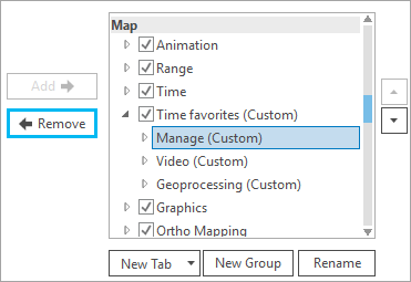 A group selected for removal from a custom tab