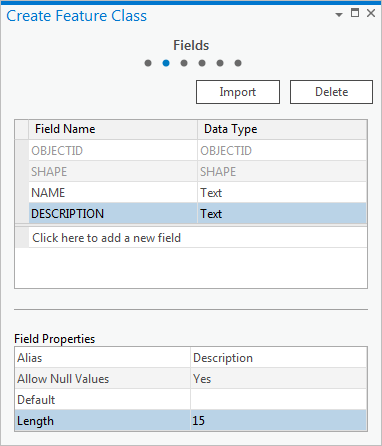 The Fields page of the Create Feature Class pane