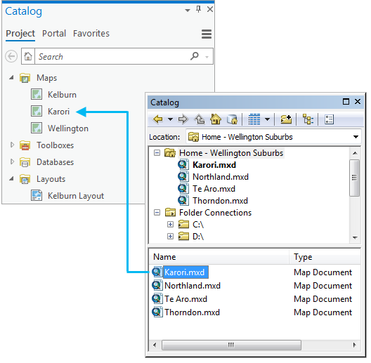 A map document dragged from the Catalog window in ArcMap to the Catalog pane in ArcGIS Pro
