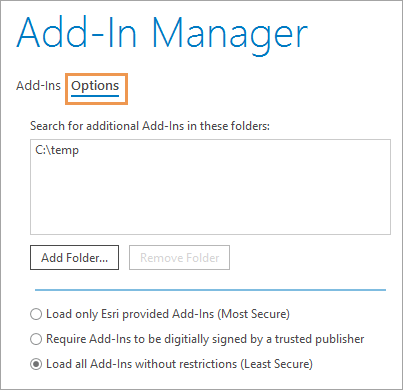 Options tab on the Add-In Manager page