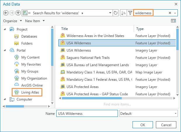 Browse dialog box with USA Wilderness feature layer selected