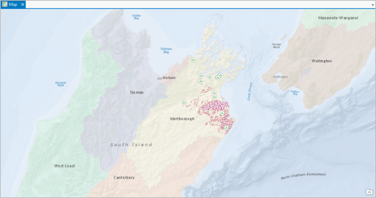 Map of New Zealand by region centered on Marlborough