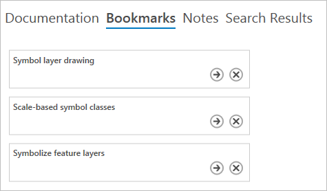List of bookmarks on the Bookmarks tab of the ArcGIS Pro Help viewer