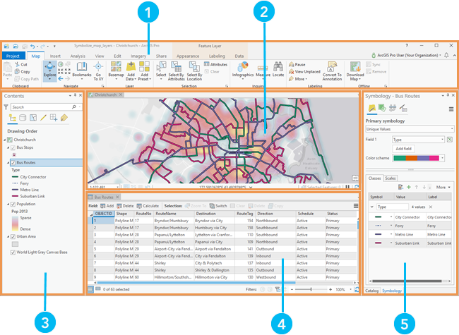 The ArcGIS Pro user interface with components numbered