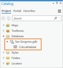 Catalog pane showing project geodatabase and feature class