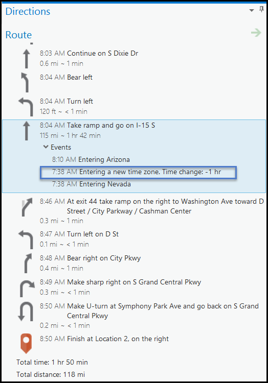 Directions window with change in time zone