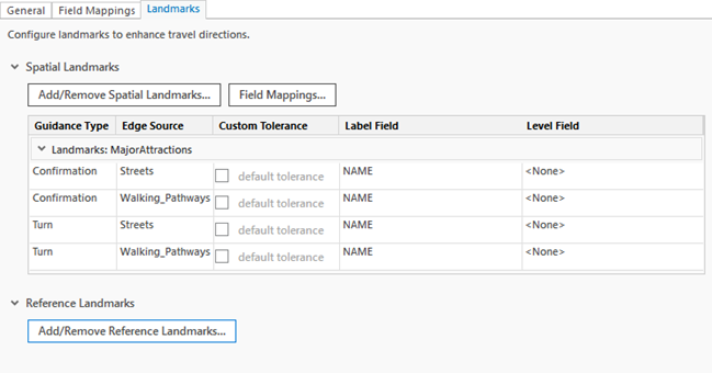 The Landmark tab displays types of landmarks that can be used in turn-by-turn directions