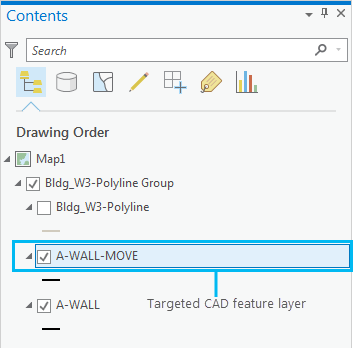 CAD feature layer selected in the Contents pane.