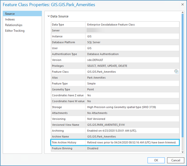 The feature class properties display when the Trim Archive History geoprocessing tool was last executed.