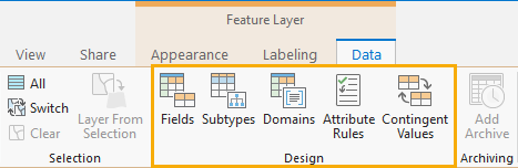 Fields, Subtypes, and Domains view buttons on the Data ribbon