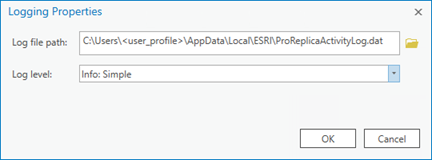 The Logging Properties dialog box allows you to set the location and log level of the ProReplicaActivityLog.dat file.