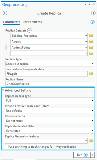 Advanced Setting in the Create Replica tool