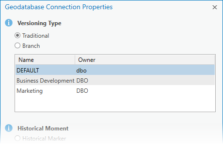 Geodatabase Connection Properties for Traditional Versioning Type