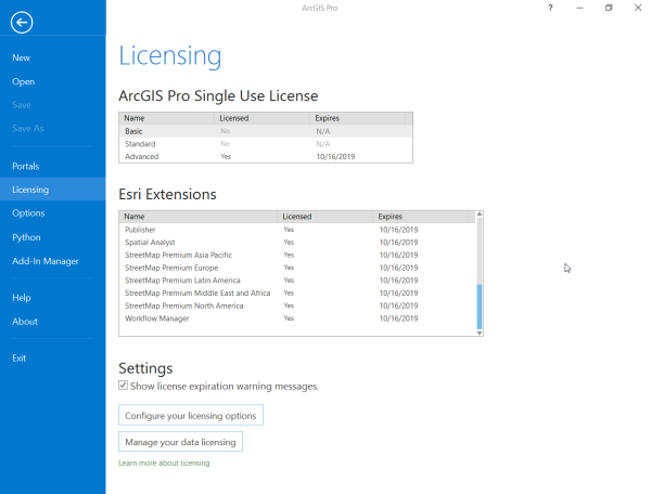 Licensing pane showing the Esri Extensions for StreetMap Premium