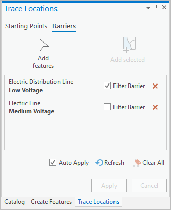 Trace Locations pane with Barriers tab active