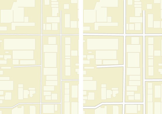 A comparison of buildings and streets at 1:4,000 with sizing variation applied on the right
