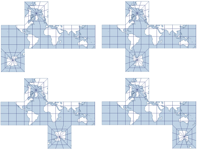 Examples of the Cube projection using Options 4–7, respectively
