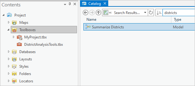 Search results in the catalog view for a search restricted to project toolboxes