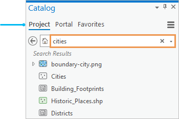 Catalog pane showing results for a search on the term cities