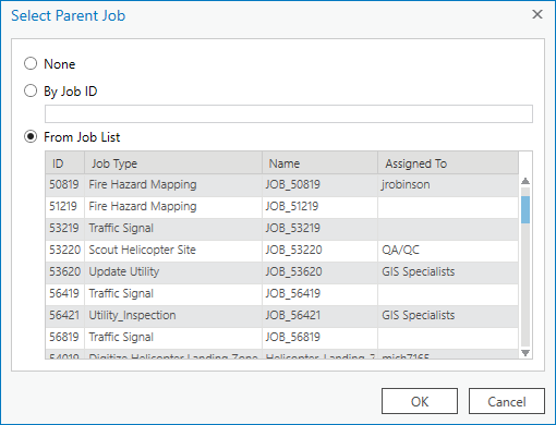 Select Parent Job dialog box