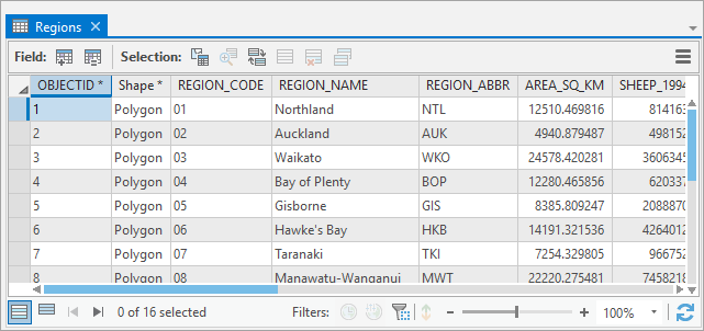 Regions layer attribute table