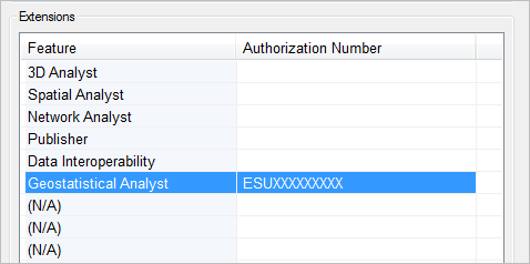 Geostatistical Analyst extension with an authorization number in the Software Authorization Wizard