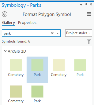 Park symbol selected in the symbol gallery