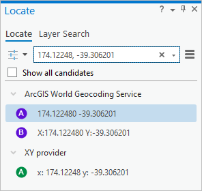 Locate pane showing candidate locations