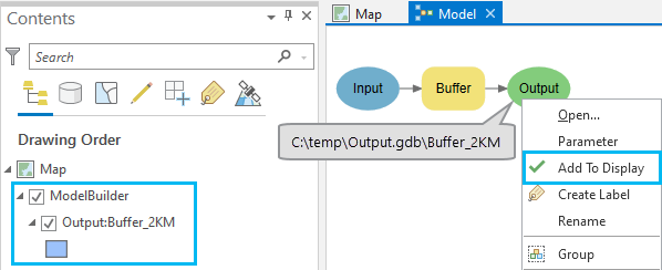 Add To Display command in a model window and output group layer in Contents pane