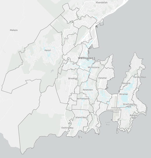 Light gray basemap displaying Wellington, New Zealand.