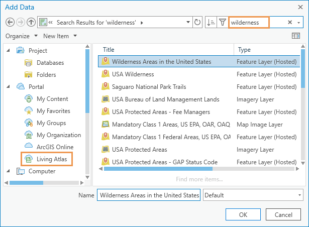 Browse dialog box with Wilderness Areas in the United States feature layer selected