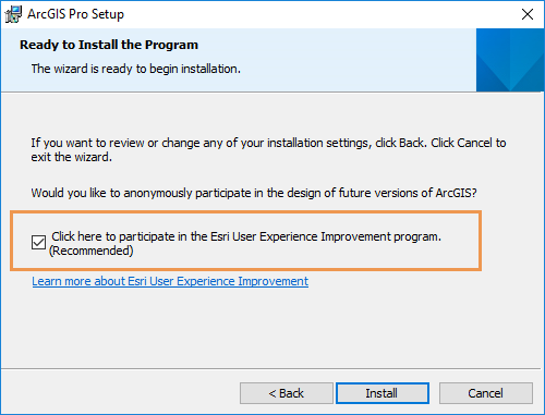 The Esri User Experience Improvement program check box in the installation wizard panel is checked.